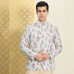 Men Grey & Purple Floral Print Bandhgala Blazer